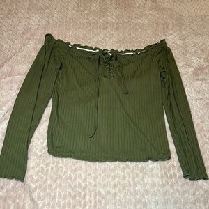 Olive Green Off-Shoulder Ribbed Top